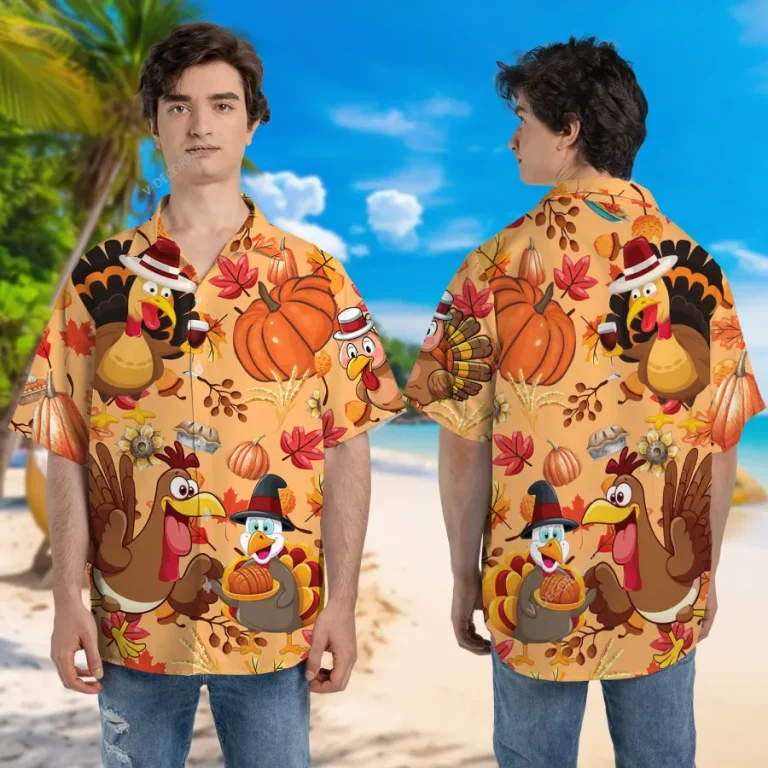 Thanksgiving Turkey Neighbor Unisex Hawaiian Shirt, Cute Animated Chicken Printed Shirt, Sweet Breads Aloha Button Down Shirt, Leaves Pattern Clothing