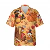 Thanksgiving Turkey Neighbor Unisex Hawaiian Shirt, Cute Animated Chicken Printed Shirt, Sweet Breads Aloha Button Down Shirt, Leaves Pattern Clothing