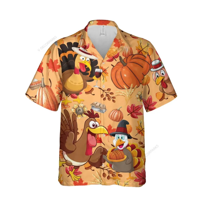Thanksgiving Turkey Neighbor Unisex Hawaiian Shirt, Cute Animated Chicken Printed Shirt, Sweet Breads Aloha Button Down Shirt, Leaves Pattern Clothing