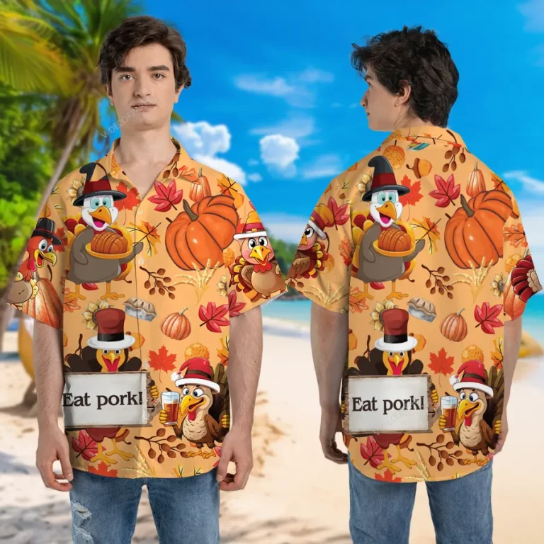 Thanksgiving Party Unisex Hawaiian Shirt, Turkey Chef Printed Shirt, Sweet Cakes Aloha Button Down Shirt, Fall Leaves Pattern Clothing