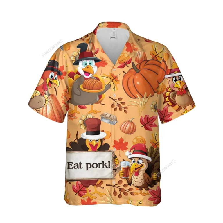 Thanksgiving Party Unisex Hawaiian Shirt, Turkey Chef Printed Shirt, Sweet Cakes Aloha Button Down Shirt, Fall Leaves Pattern Clothing