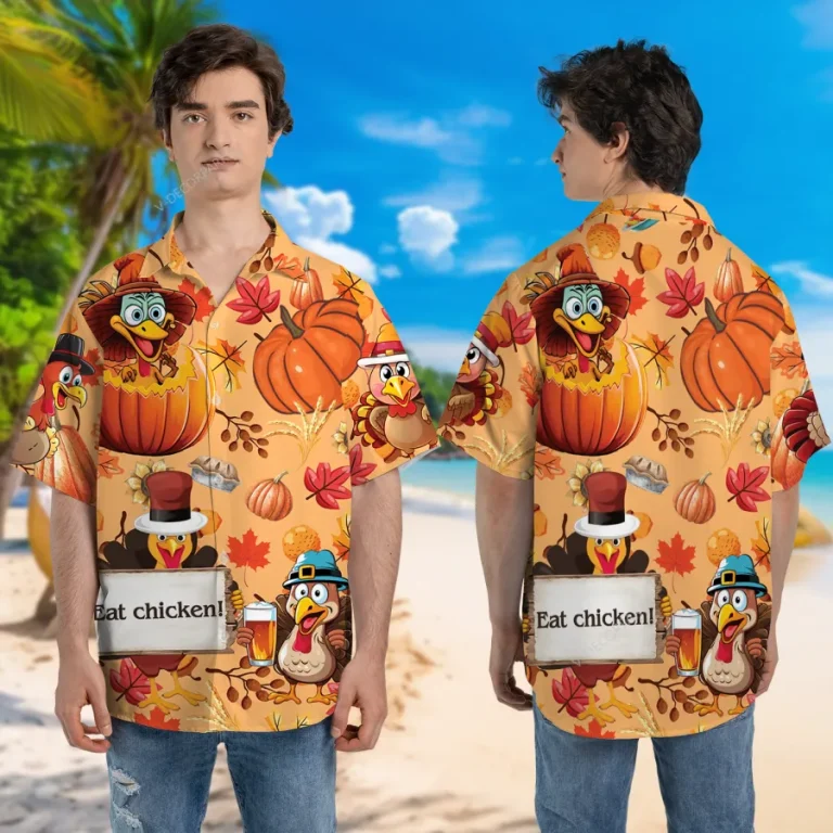 Humorous Drunk Turkey Unisex Hawaiian Shirt, Thanksgiving Aloha Button Down Shirt, Animated Chicken Printed Clothing, Vintage Shirt, Family Gift