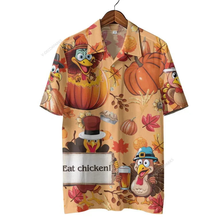Humorous Drunk Turkey Unisex Hawaiian Shirt, Thanksgiving Aloha Button Down Shirt, Animated Chicken Printed Clothing, Vintage Shirt, Family Gift