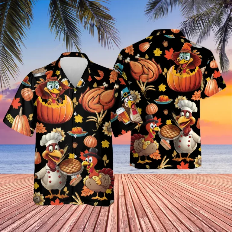 Chef Turkey Unisex Hawaiian Shirt, Thanksgiving Dishes Aloha Button Down Shirt, Roasted Chicken Printed Clothing, Vintage Crop Shirt, Family Gift