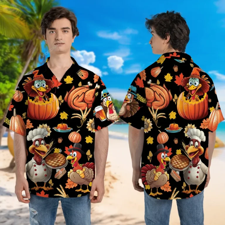Chef Turkey Unisex Hawaiian Shirt, Thanksgiving Dishes Aloha Button Down Shirt, Roasted Chicken Printed Clothing, Vintage Crop Shirt, Family Gift