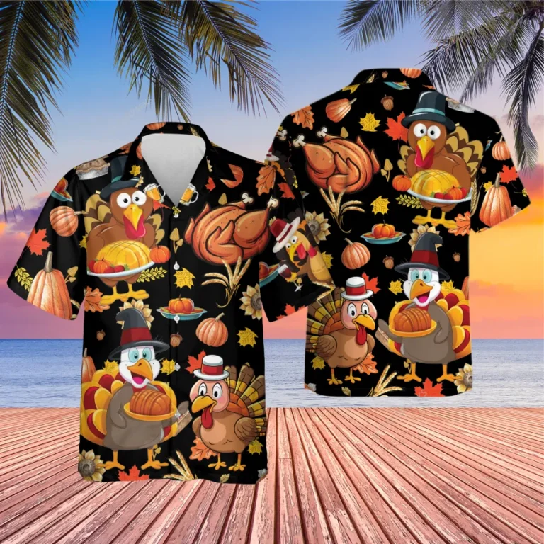 Lovely Turkey Unisex Hawaiian Shirt, Thanksgiving Aloha Button Down Shirt, Funny Chicken Printed Clothing, Farm Retro Shirt, Family Reunion Gift