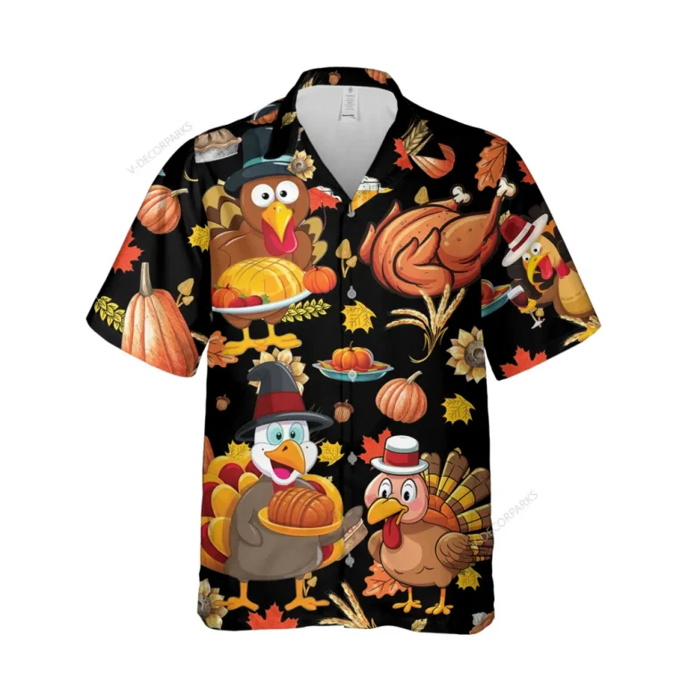 Lovely Turkey Unisex Hawaiian Shirt, Thanksgiving Aloha Button Down Shirt, Funny Chicken Printed Clothing, Farm Retro Shirt, Family Reunion Gift