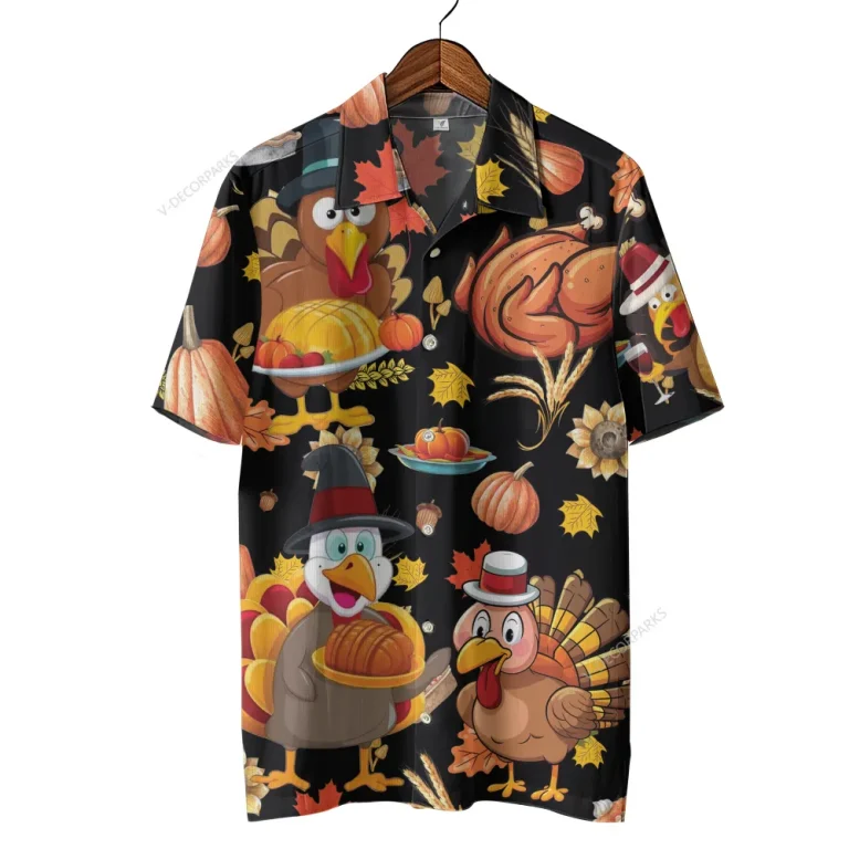 Lovely Turkey Unisex Hawaiian Shirt, Thanksgiving Aloha Button Down Shirt, Funny Chicken Printed Clothing, Farm Retro Shirt, Family Reunion Gift