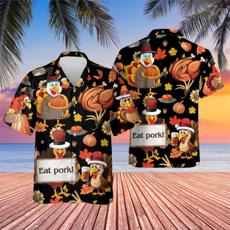 Thanksgiving Turkey Party Unisex Hawaiian Shirt, Celebration Food Printed Shirt, Sweet Pumpkin Aloha Button Down Shirt, Fall Leaves Pattern Clothing