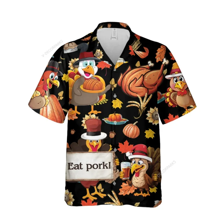 Thanksgiving Turkey Party Unisex Hawaiian Shirt, Celebration Food Printed Shirt, Sweet Pumpkin Aloha Button Down Shirt, Fall Leaves Pattern Clothing
