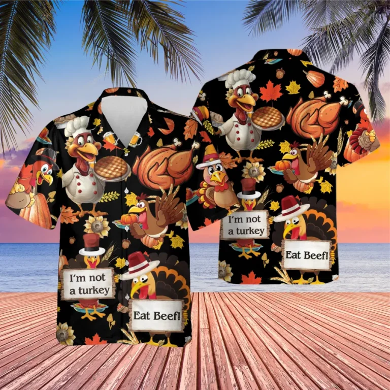 I'm Not A Turkey Unisex Hawaiian Shirt, Thanksgiving Printed Shirt, Pumpkin Aloha Button Down Shirt, Fall Leaves Pattern Clothing, Thankful Gift