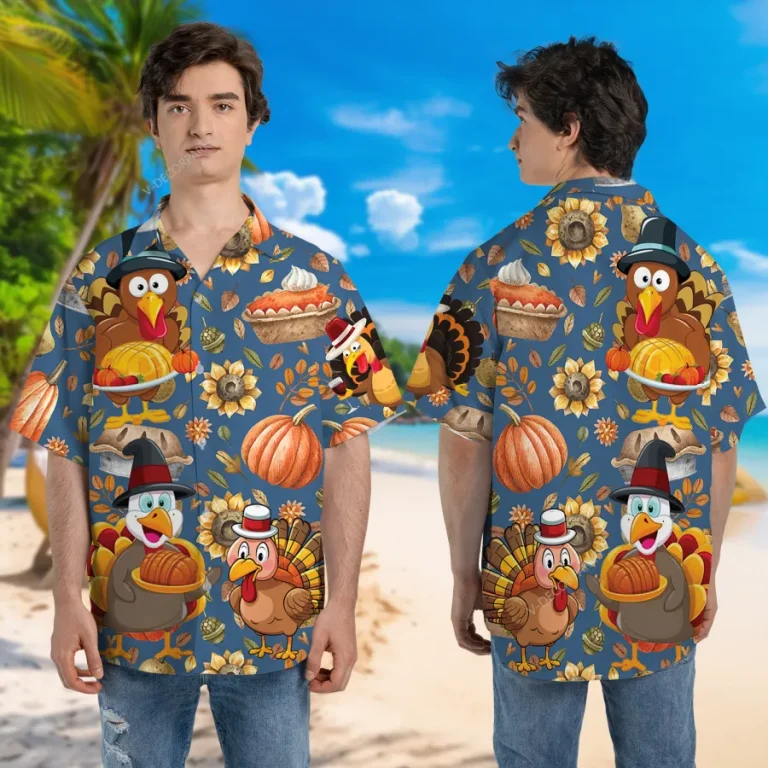 Joyful Turkey Unisex Hawaiian Shirt, Thanksgiving Aloha Button Down Shirt, Funny Pumpkin Printed Clothing, Farm Retro Shirt, Family Thanksgiving Gift
