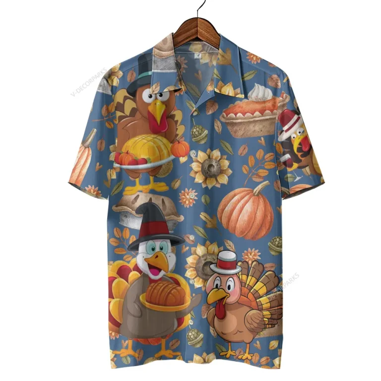 Joyful Turkey Unisex Hawaiian Shirt, Thanksgiving Aloha Button Down Shirt, Funny Pumpkin Printed Clothing, Farm Retro Shirt, Family Thanksgiving Gift