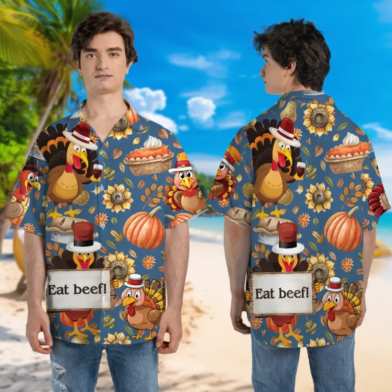 Turkey Eat Beef! Thanksgiving Hawaiian Shirts, Chicken Revolution Aloha Button Down Shirt, Fall Icon Pattern Clothing, Unisex Short Sleeve