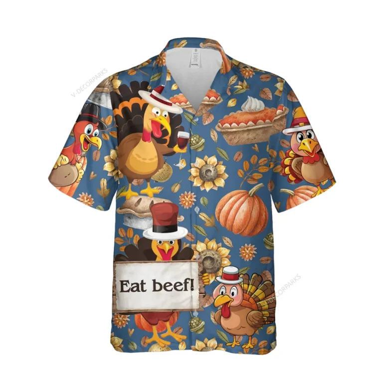Turkey Eat Beef! Thanksgiving Hawaiian Shirts, Chicken Revolution Aloha Button Down Shirt, Fall Icon Pattern Clothing, Unisex Short Sleeve