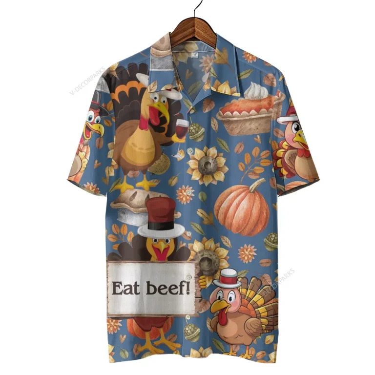 Turkey Eat Beef! Thanksgiving Hawaiian Shirts, Chicken Revolution Aloha Button Down Shirt, Fall Icon Pattern Clothing, Unisex Short Sleeve