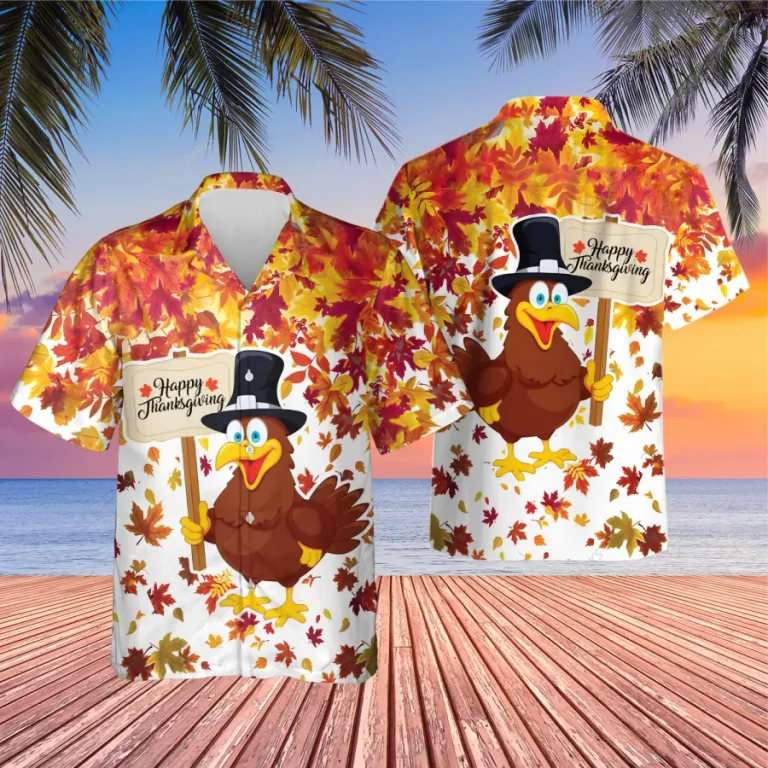 Happy Thanksgiving Chicken Unisex Hawaiian Shirt, Poultry Printed Shirt, Maple Tree Aloha Button Down Shirt, Fall Leaves Printed Clothing