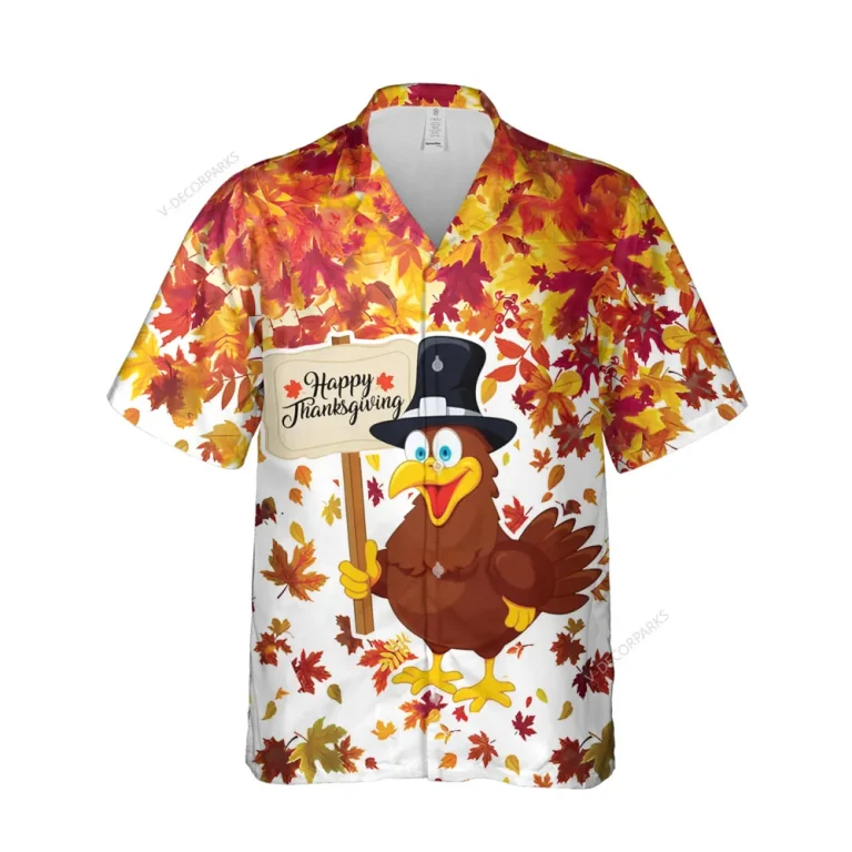 Happy Thanksgiving Chicken Unisex Hawaiian Shirt, Poultry Printed Shirt, Maple Tree Aloha Button Down Shirt, Fall Leaves Printed Clothing