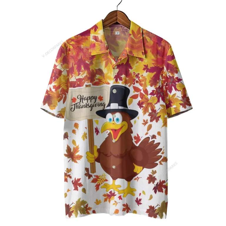 Happy Thanksgiving Chicken Unisex Hawaiian Shirt, Poultry Printed Shirt, Maple Tree Aloha Button Down Shirt, Fall Leaves Printed Clothing