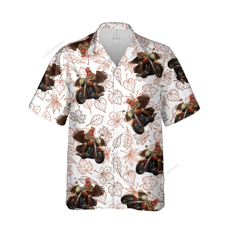 Thanksgiving Rooster Unisex Hawaiian Shirt, Motorbike Printed Shirt, Rider Aloha Button Down Shirt, Fall Vibes Printed Clothing