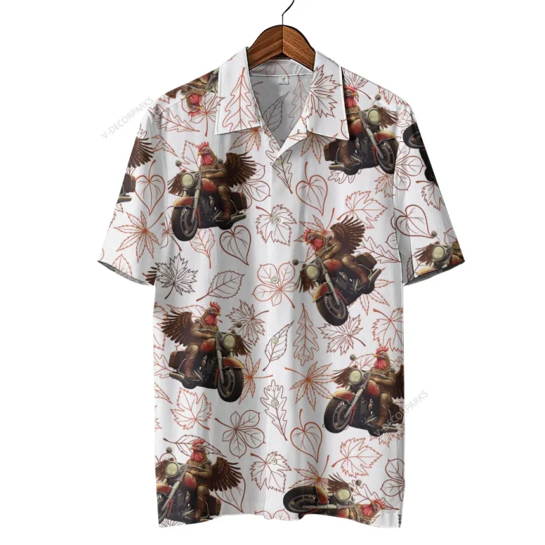 Thanksgiving Rooster Unisex Hawaiian Shirt, Motorbike Printed Shirt, Rider Aloha Button Down Shirt, Fall Vibes Printed Clothing
