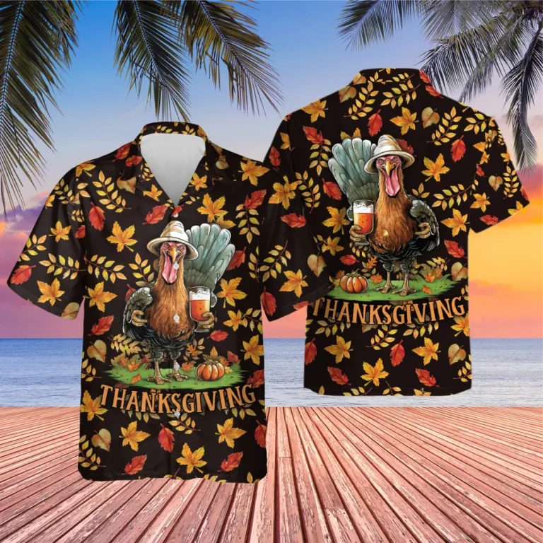 Happy Thanksgiving Turkey Unisex Hawaiian Shirt, Chicken Drink Beer Printed Shirt, Leaves Pattern Aloha Button Down Shirt, Farmer Gift