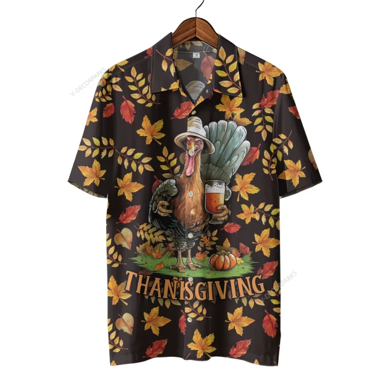 Happy Thanksgiving Turkey Unisex Hawaiian Shirt, Chicken Drink Beer Printed Shirt, Leaves Pattern Aloha Button Down Shirt, Farmer Gift