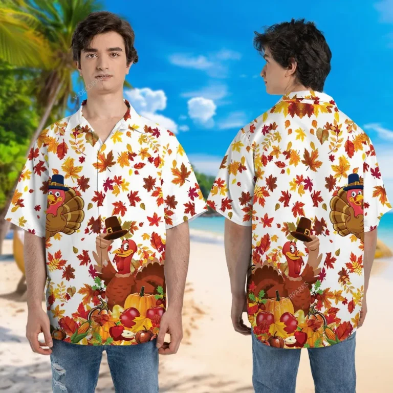 Happy Thanksgiving Turkey And Autumn Leaf Hawaiian Shirt, Thanksgiving Hawaiian Casual Button Down Shirt, Short Sleeves Aloha Shirt