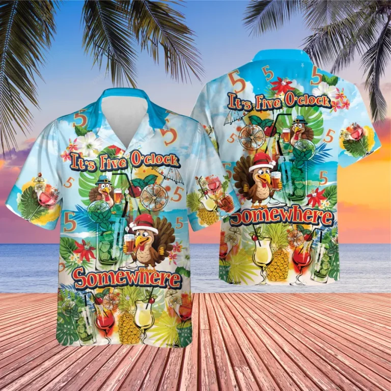 5 O'clock Somewhere Thanksgiving Unisex Hawaiian Shirt, Tropical Cocktail Aloha Button Down Shirt, Summer Beach Printed Clothing, Thankful Gift