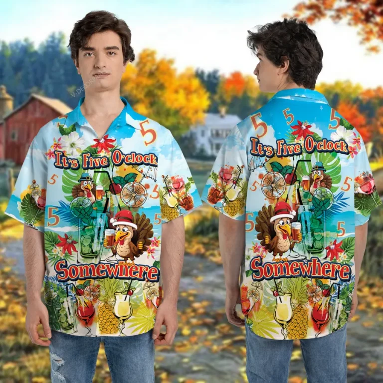 5 O'clock Somewhere Thanksgiving Unisex Hawaiian Shirt, Tropical Cocktail Aloha Button Down Shirt, Summer Beach Printed Clothing, Thankful Gift