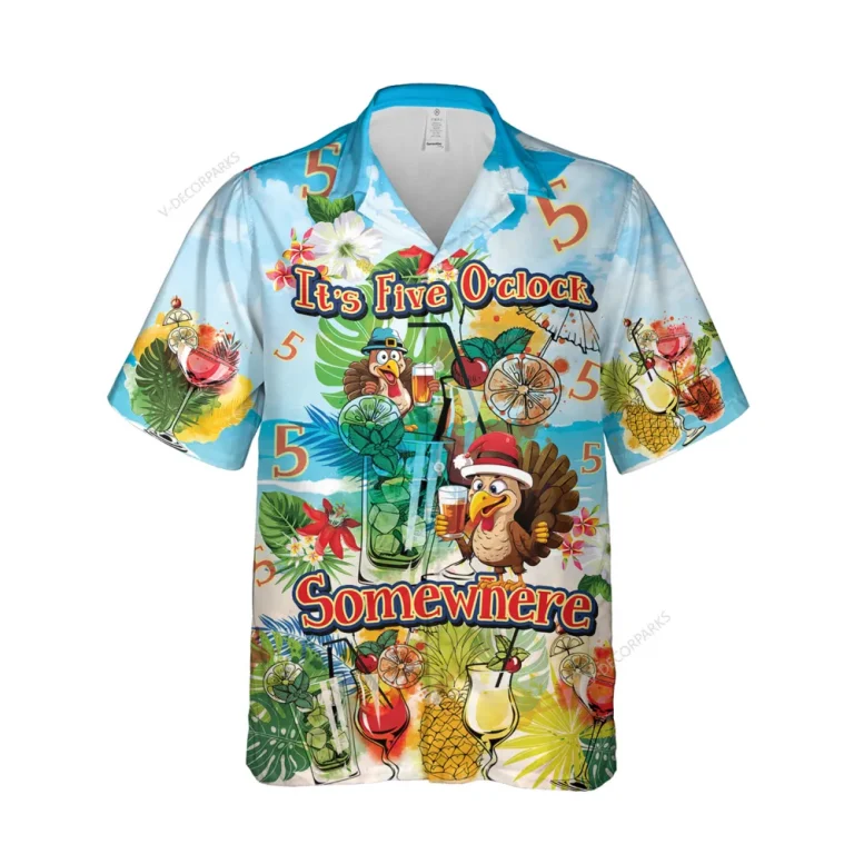 5 O'clock Somewhere Thanksgiving Unisex Hawaiian Shirt, Tropical Cocktail Aloha Button Down Shirt, Summer Beach Printed Clothing, Thankful Gift