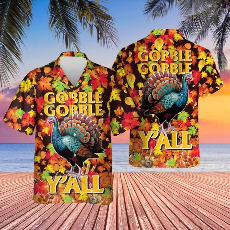Gobble Gobble Y'all Thanksgiving Unisex Hawaiian Shirt, Maple Tree Aloha Button Down Shirt, Bird Printed Clothing, Vintage Shirt, Thankful Gift