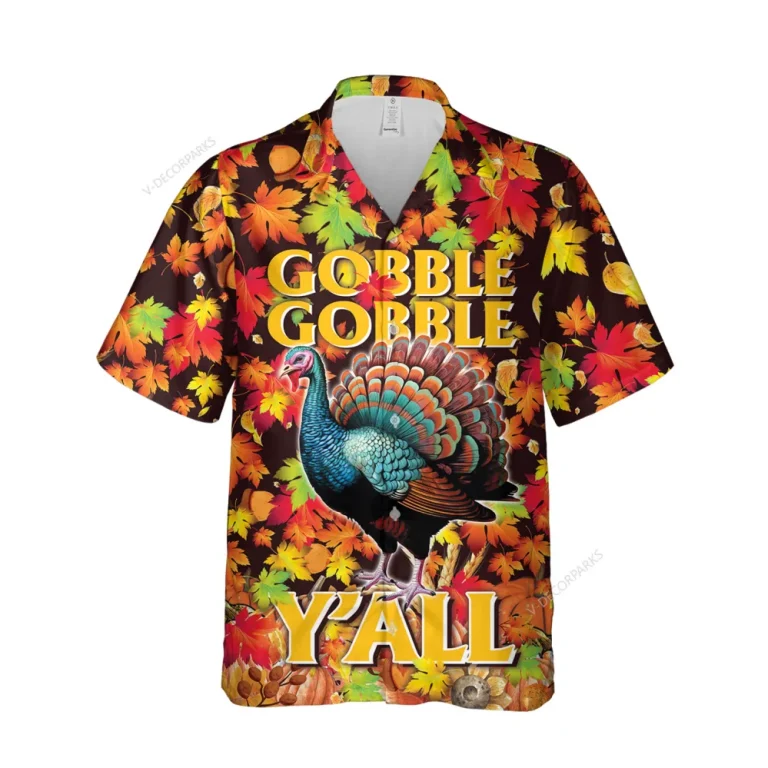 Gobble Gobble Y'all Thanksgiving Unisex Hawaiian Shirt, Maple Tree Aloha Button Down Shirt, Bird Printed Clothing, Vintage Shirt, Thankful Gift