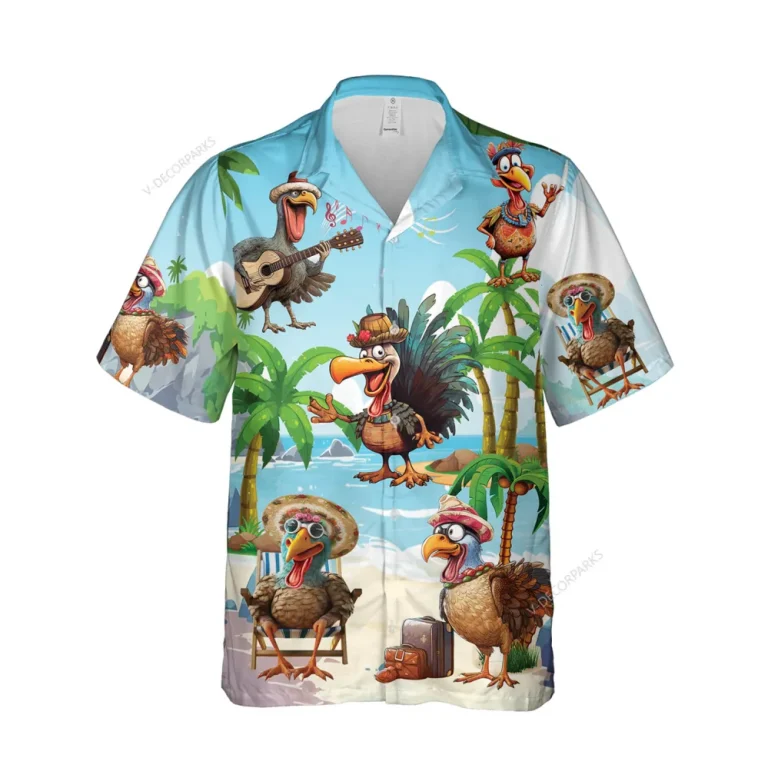 Thanksgiving Hula Turkey Unisex Hawaiian Shirt, Tropical Beach Aloha Button Down Shirt, Summer Family Matching Clothing, Relaxed Fit