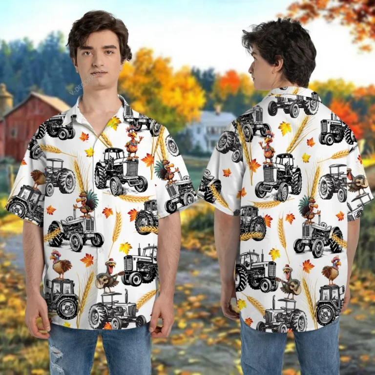 Thanksgiving Agrimotor Unisex Hawaiian Shirt, Turkey Farmer Aloha Button Down Shirt, Summer Beach Printed Clothing, Fall Vibes Shirt