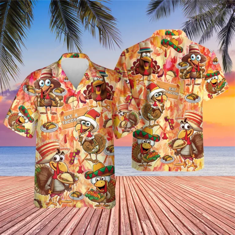 Thanksgiving Turkey Chef Unisex Hawaiian Shirt, Mexican Taco Hat Printed Shirt, Poultry Lover Aloha Button Down Shirt, Animated 3d Clothing