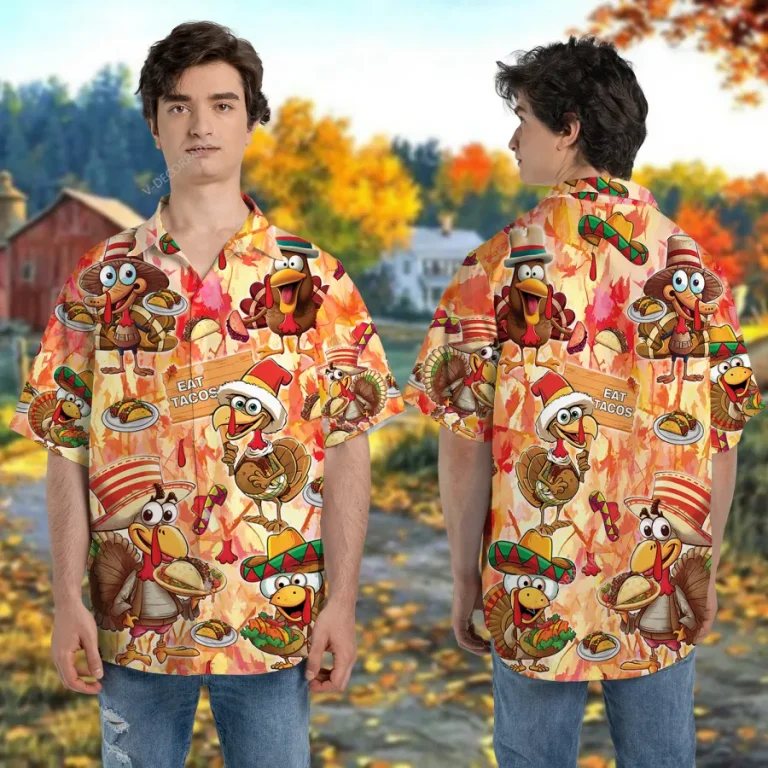 Thanksgiving Turkey Chef Unisex Hawaiian Shirt, Mexican Taco Hat Printed Shirt, Poultry Lover Aloha Button Down Shirt, Animated 3d Clothing