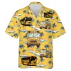 School Bus Yellow Unisex Hawaii Shirt, Big Vehicles Aloha Button Down Shirt, Tropical Palm Tree Printed Clothing, Casual Short Sleeves