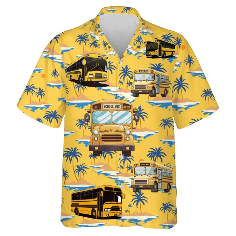 School Bus Yellow Unisex Hawaii Shirt, Big Vehicles Aloha Button Down Shirt, Tropical Palm Tree Printed Clothing, Casual Short Sleeves