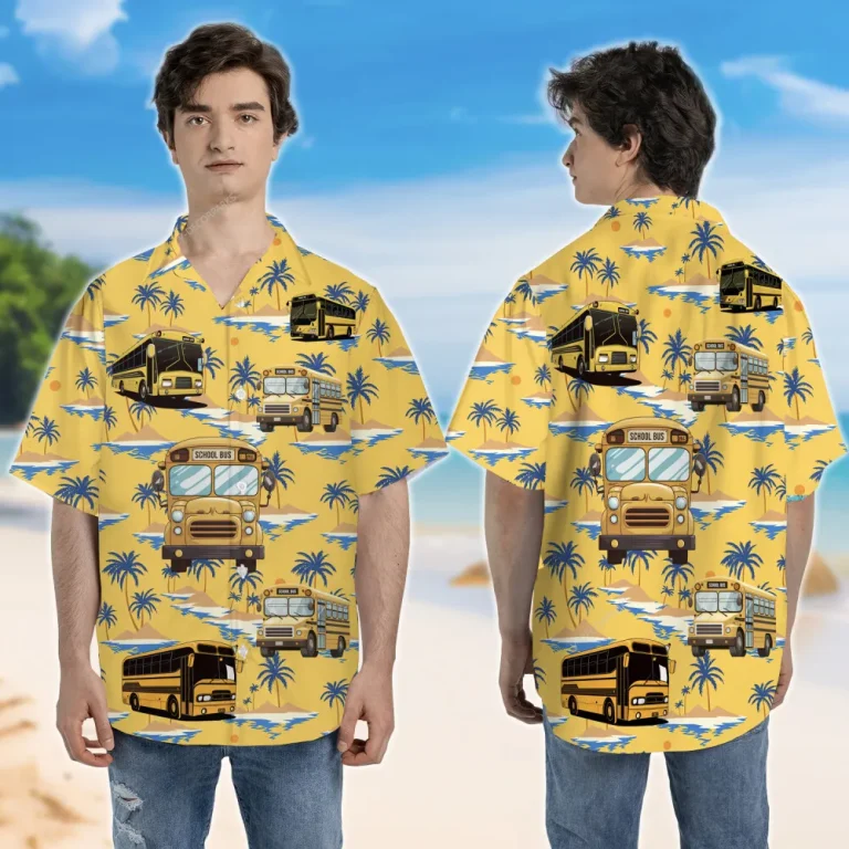 School Bus Yellow Unisex Hawaii Shirt, Big Vehicles Aloha Button Down Shirt, Tropical Palm Tree Printed Clothing, Casual Short Sleeves