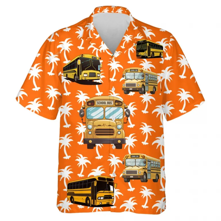 Palm Tree Silhouette Unisex Hawaii Shirt, Schoolbus Sign Aloha Beach Shirt, Tropical Tree Printed Clothing, Sea Trip Button Down Short Sleeve