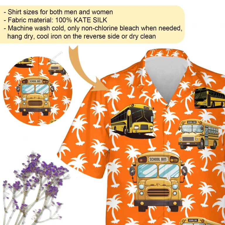 Palm Tree Silhouette Unisex Hawaii Shirt, Schoolbus Sign Aloha Beach Shirt, Tropical Tree Printed Clothing, Sea Trip Button Down Short Sleeve