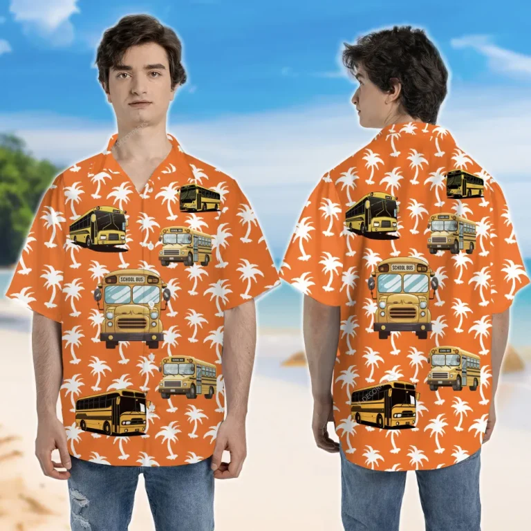 Palm Tree Silhouette Unisex Hawaii Shirt, Schoolbus Sign Aloha Beach Shirt, Tropical Tree Printed Clothing, Sea Trip Button Down Short Sleeve