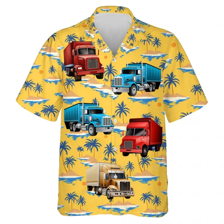 Container Truck Yellow Unisex Hawaii Shirt, Big Vehicles Aloha Button Down Shirt, Tropical Island Printed Clothing, Casual Shirt For Everyone