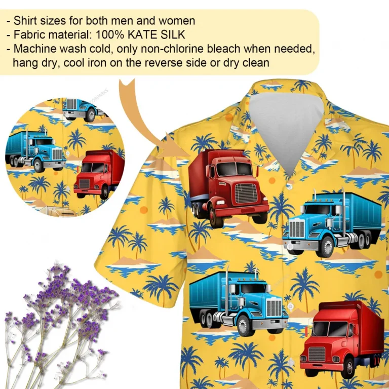 Container Truck Yellow Unisex Hawaii Shirt, Big Vehicles Aloha Button Down Shirt, Tropical Island Printed Clothing, Casual Shirt For Everyone