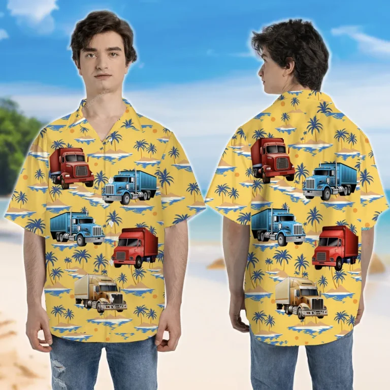 Container Truck Yellow Unisex Hawaii Shirt, Big Vehicles Aloha Button Down Shirt, Tropical Island Printed Clothing, Casual Shirt For Everyone