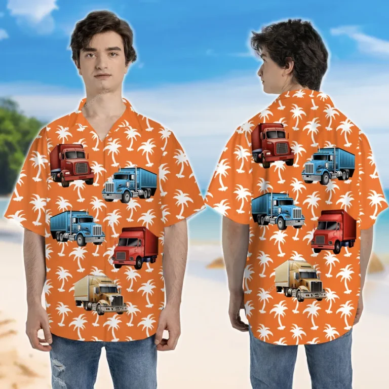 Palm Tree Silhouette Unisex Hawaii Shirt, Semi-trailers Aloha Beach Shirt, Tropical Plant Printed Clothing, Sea Trip Button Down Short Sleeve