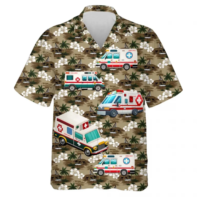 Animated Ambulance Unisex Hawaii Shirt, Doctor Car Aloha Button Down Short Sleeve, Emergency Situation Clothing, Funny Aloha Shirt