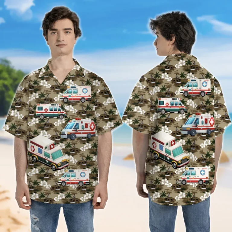Animated Ambulance Unisex Hawaii Shirt, Doctor Car Aloha Button Down Short Sleeve, Emergency Situation Clothing, Funny Aloha Shirt
