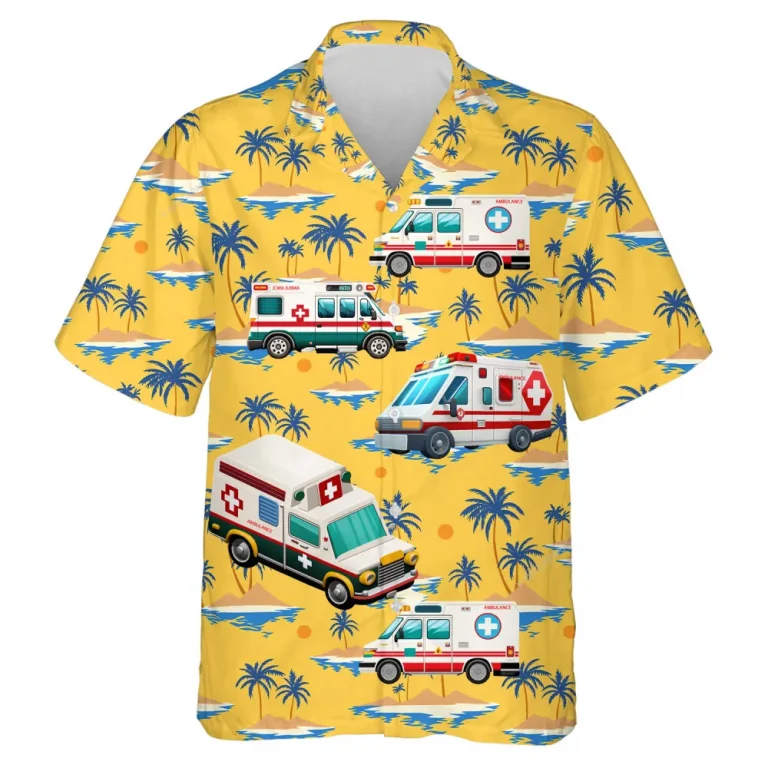Ambulance Unisex Hawaiian Shirt, Emergency Vehicles Aloha Button Down Shirt, Hospital Clothes, Casual Short Sleeves, Doctor Gift